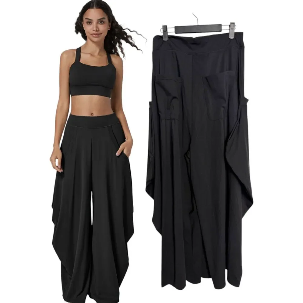 Halara Mid Rise Pockets Draped Wide Leg Casual Pants Black Large NEW with Tags - Picture 1 of 7